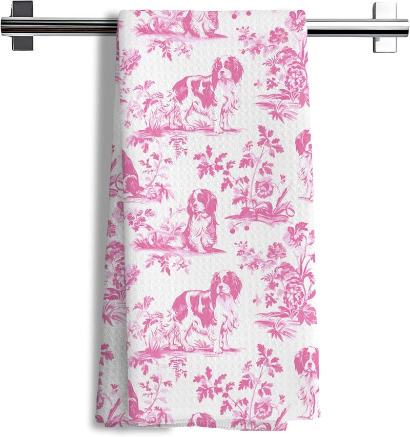 Nipil Pink Chinoiserie Cavalier King Charles Spaniel Kitchen Towels,Cavalier King Charles Spaniel Gifts,Grandmillennial Botanical Dog Hand Towels for Kitchen Bathroom, 16x24 Inch - Image 1
